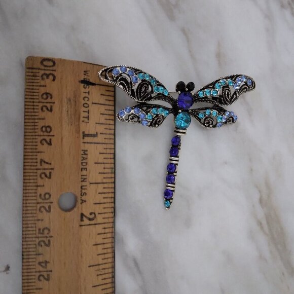 Silver Tone Blue Rhinestone Dragonfly Brooch Pin - Picture 5 of 6
